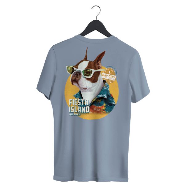 Back of shirt, with large print of Fiesta Island mascot dog